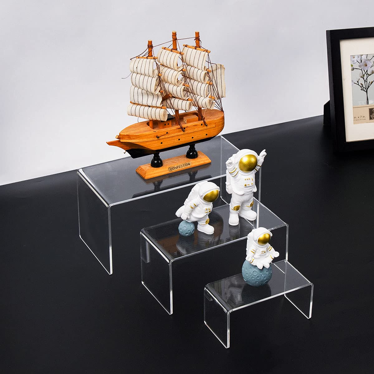 Hiimiei Acrylic Risers For Display Clear 3-Tier Risers Stands Showcase For Amiibo Funko Pop Figures, Dessert, Jewelry-8.4''X 6.3