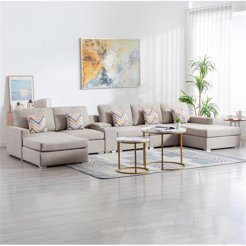 Lilola Home Nolan Beige Linen Fabric 6Pc Double Chaise Sectional Sofa with Interchangeable Legs, a USB, Charging Ports, Cupholders, Storage Console Table and Pillows