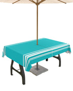 Queenker Outdoor Tablecloth With Umbrella Hole, Farmhouse Aqua White Stripe Rectangle Tables Waterproof Tabletop Collection For