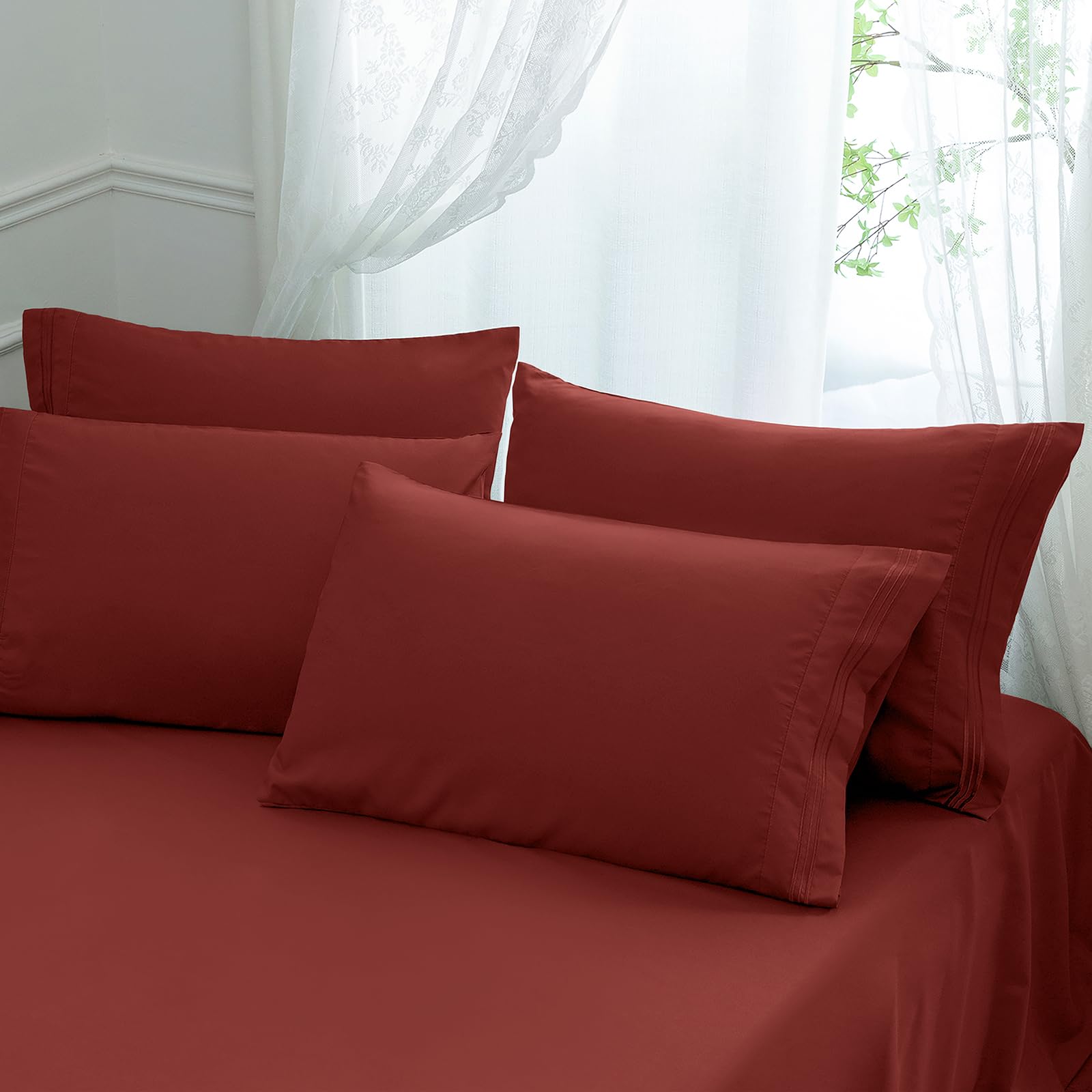 Aormenzy Microfiber Pillow Cases - Queen Size Set Of 4-1800 Thread Count Ultra Soft Rust Red Pillowcases - Wrinkle Resistant Pil