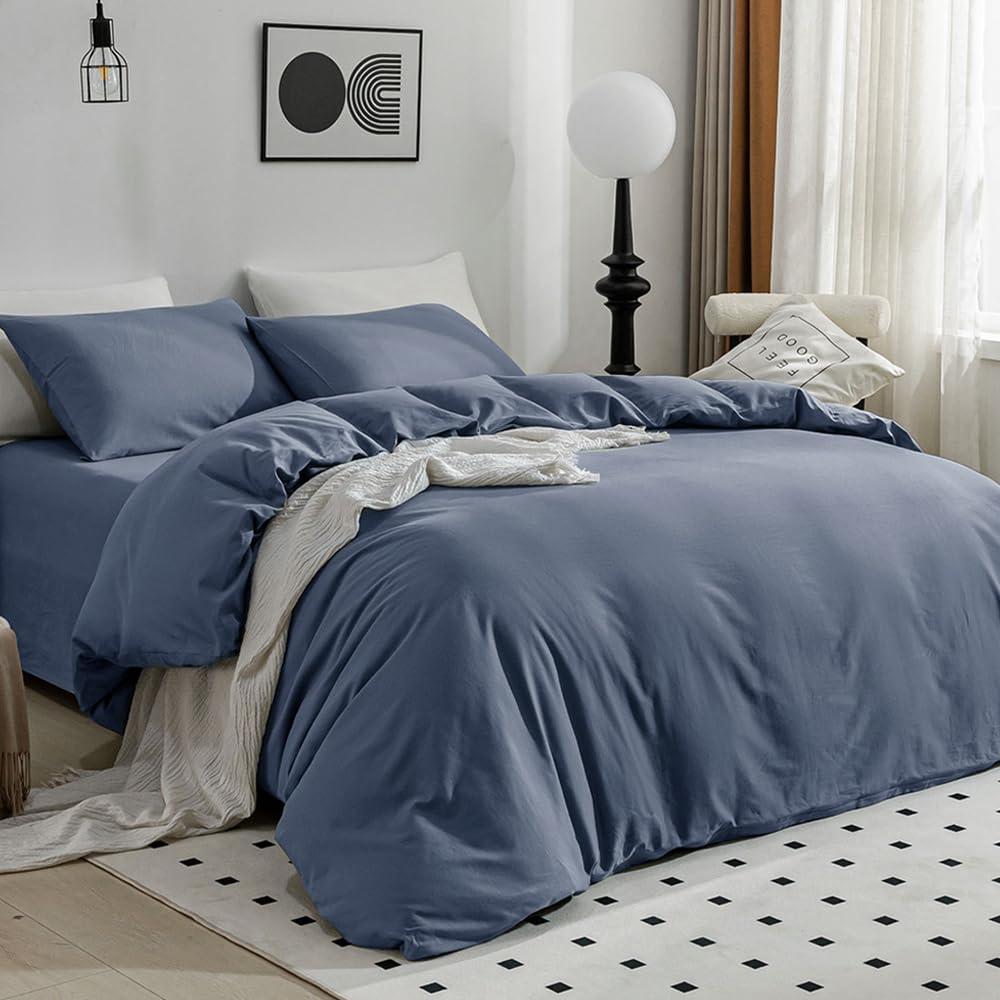 Jellymoni Blue Duvet Cover King Size - 100% Washed Cotton Linen Like Textured Comforter Cover, 3 Pieces Lightweight Soft Bedding
