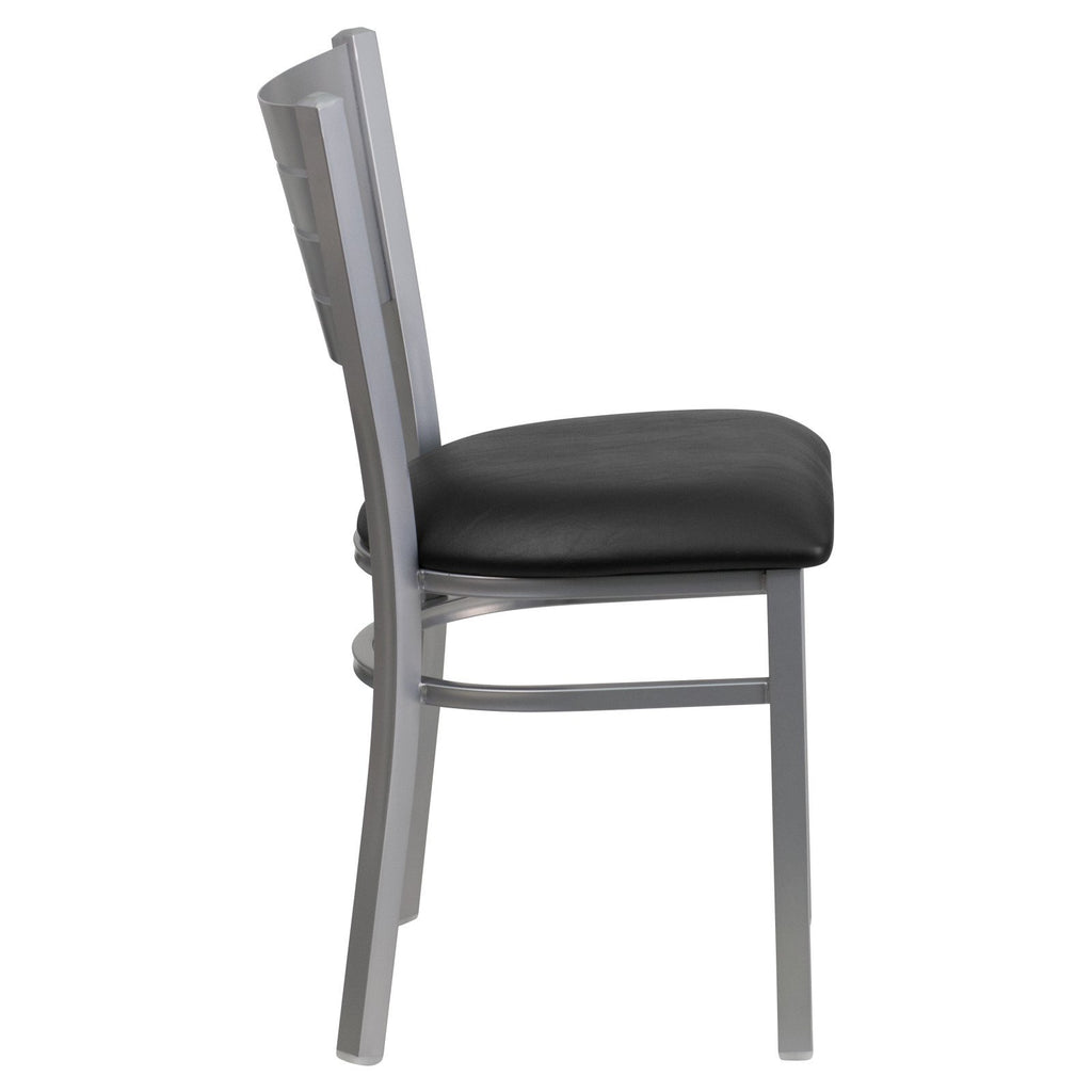 Flash Furniture HERCULES Series Silver Slat Back Metal Restaurant Chair - Black Vinyl Seat