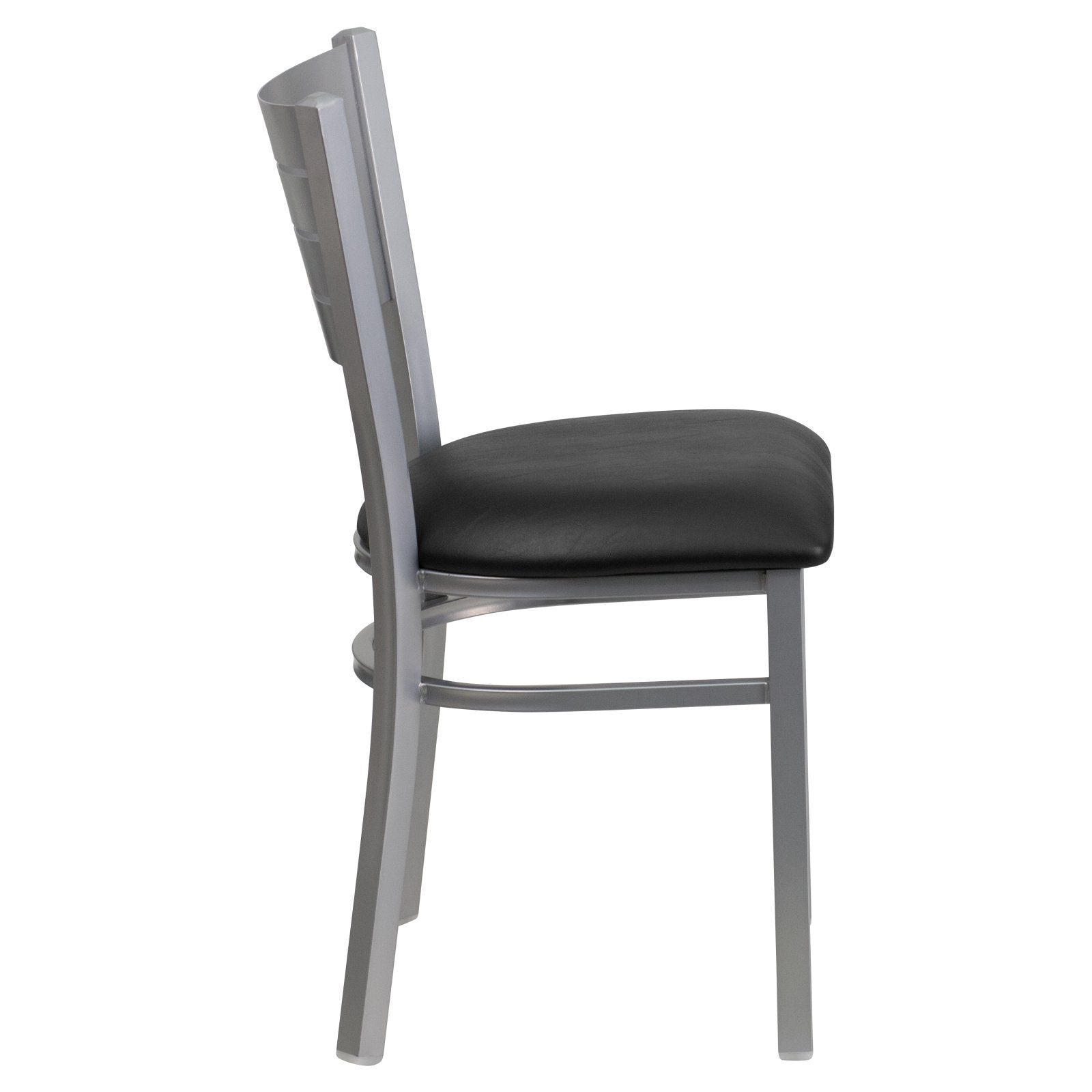 Flash Furniture HERCULES Series Silver Slat Back Metal Restaurant Chair - Black Vinyl Seat