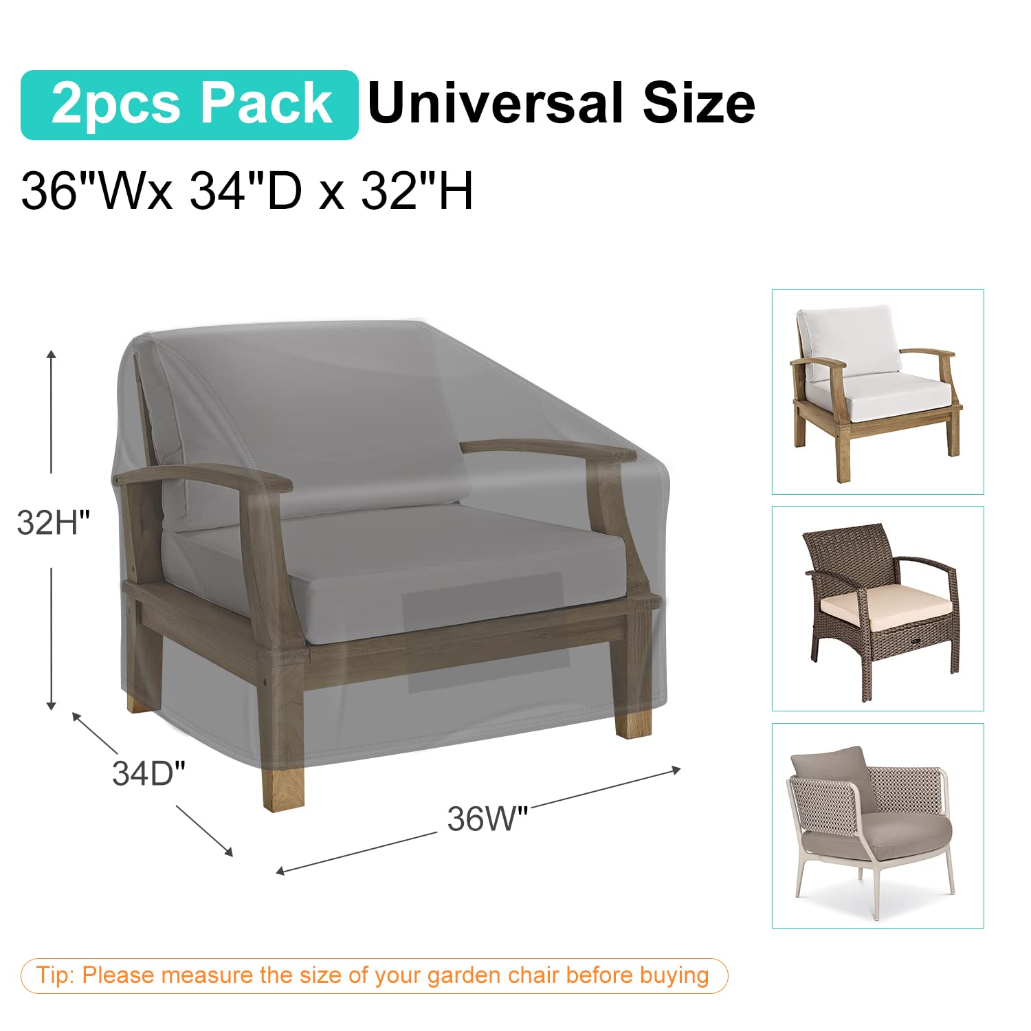 Brosyda Patio Chair Covers For Outdoor Furniture Waterproof 2 Pack, Lawn Chair Covers Heavy Duty Patio Furniture Covers, Large Covers For Lounge Lawn Deep Seat Black 36'W×34'D×32'H