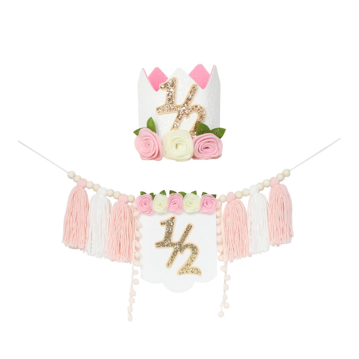 Half Birthday Highchair Banner Backdrop Decor for Photo Prop Gift Boys Girls Pink with Hat