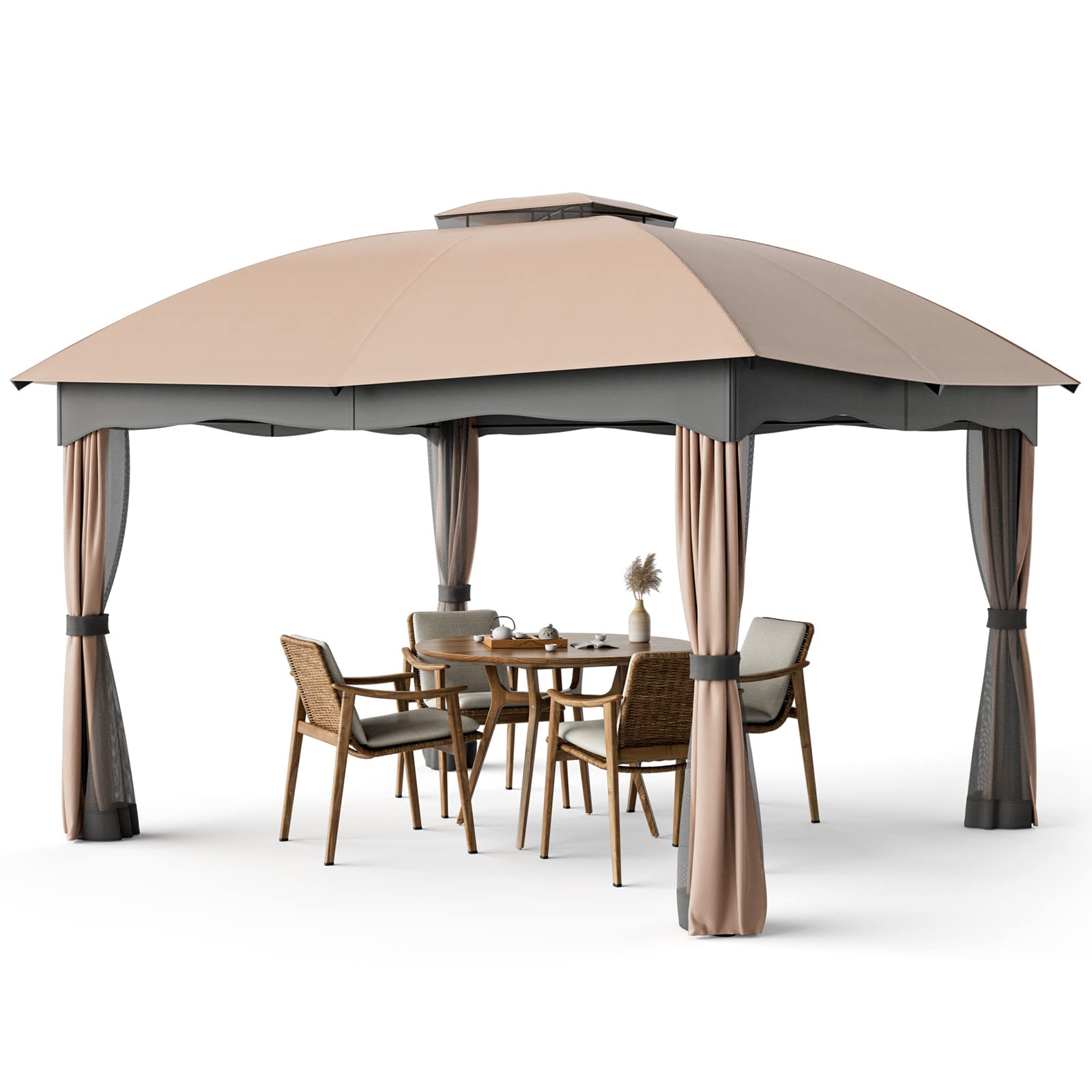 Tangkula 12X10 Ft Patio Gazebo, Double Vented Gazebo With Zippered Privacy Curtains, Mesh Screen Netting, Outdoor Steel Gazebo F