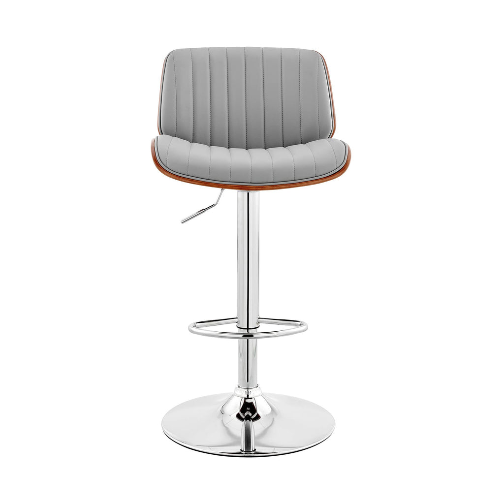 HomeRoots Metal/Plywood/Faux Leather Adjustable Gray Faux Leather Chrome and Walnut Bar Stool
