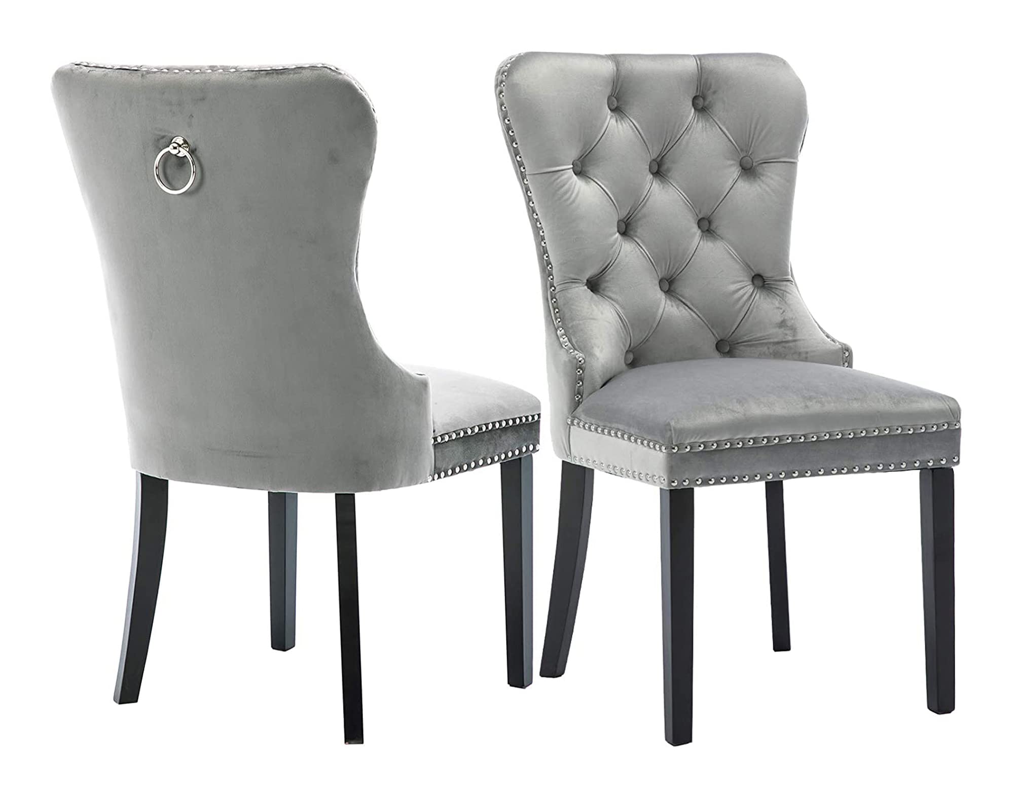 Better Home Products Velvet Dining Chairs Set Of 2, Elegant Tufted Button Dining Chair, Upholstered Velvet Armless Chair With Nailhead Trim And Back Chrome Ring Pull (Gray)