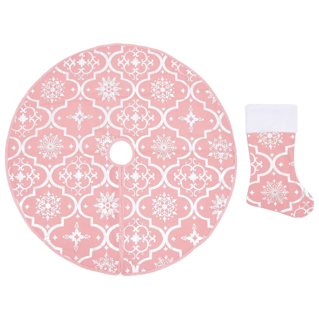 vidaXL Luxurious 3ft Polyester Christmas Tree Skirt with Matching Sock - Decorative Holiday Skirt with Beautiful Snow Pattern - Pink - Easy Storage - Reusable