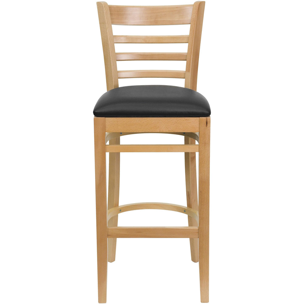 Flash Furniture HERCULES Series Ladder Back Natural Wood Restaurant Barstool - Black Vinyl Seat