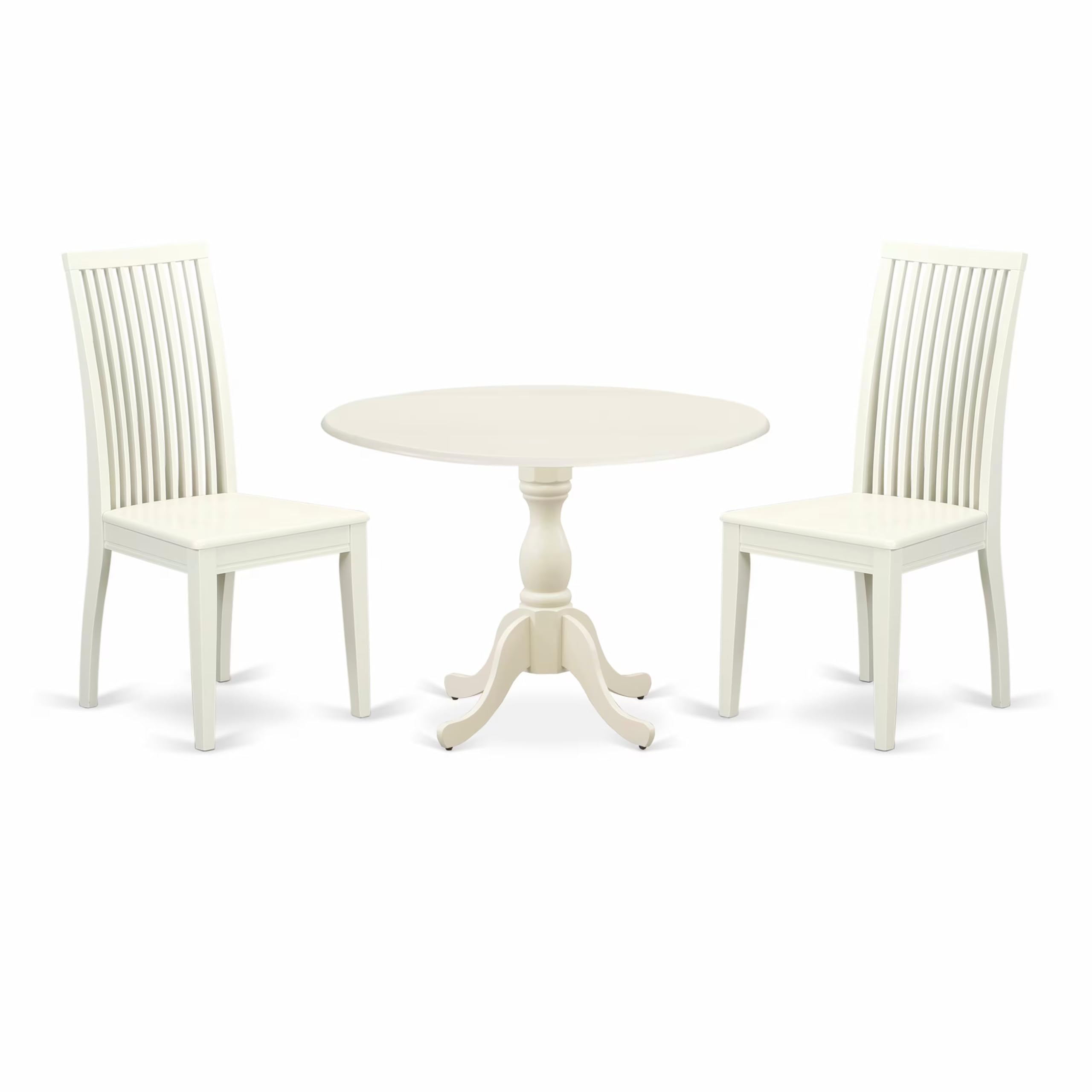 East West Furniture DMIP3-LWH-W 3 Piece Kitchen Table & Chairs Set Contains a Round Dining Table with Dropleaf and 2 Dining Room Chairs, 42x42 Inch, Linen White