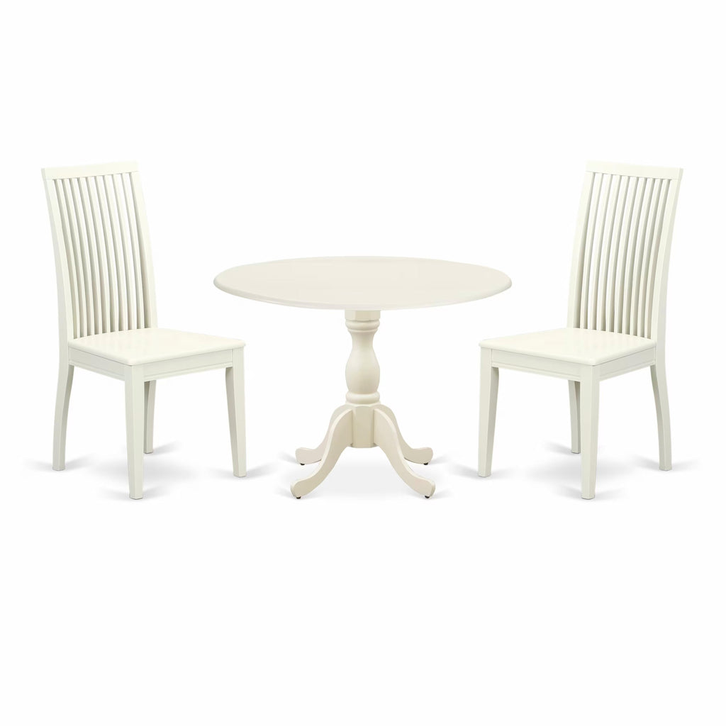 East West Furniture DMIP3-LWH-W 3 Piece Kitchen Table & Chairs Set Contains a Round Dining Table with Dropleaf and 2 Dining Room Chairs, 42x42 Inch, Linen White