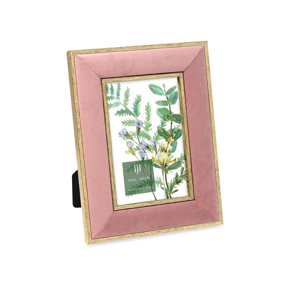 Isaac Jacobs 4x6 Pink Velvet Picture Frame with Metallic Gold Double Border, Photo Frame, Horizontal & Vertical, Made for Tablet