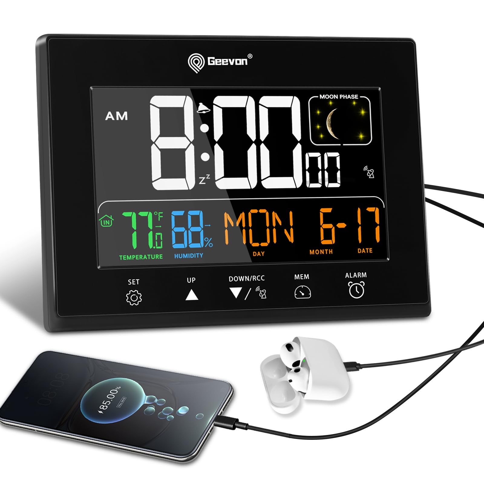 Geevon Digital Atomic Alarm Clocks for Bedrooms with Battery Backup, HD Color Display Atomic Lock with Backlight, 2 USB Ports, I