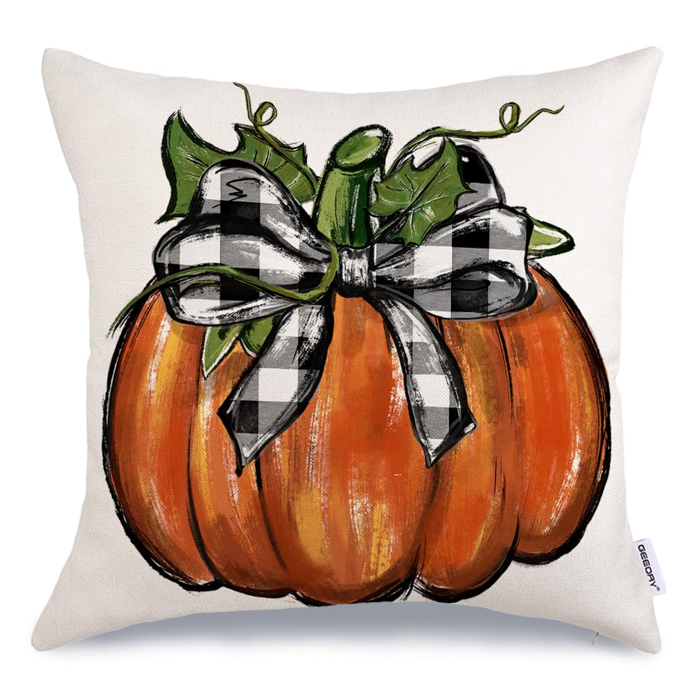 Geeory Fall Pillow Cover 20X20 Pumpkin With Buffalo Plaid Bows Fall Throw Pillow Cover Autumn Decorative Throw Pillow Cover Farm