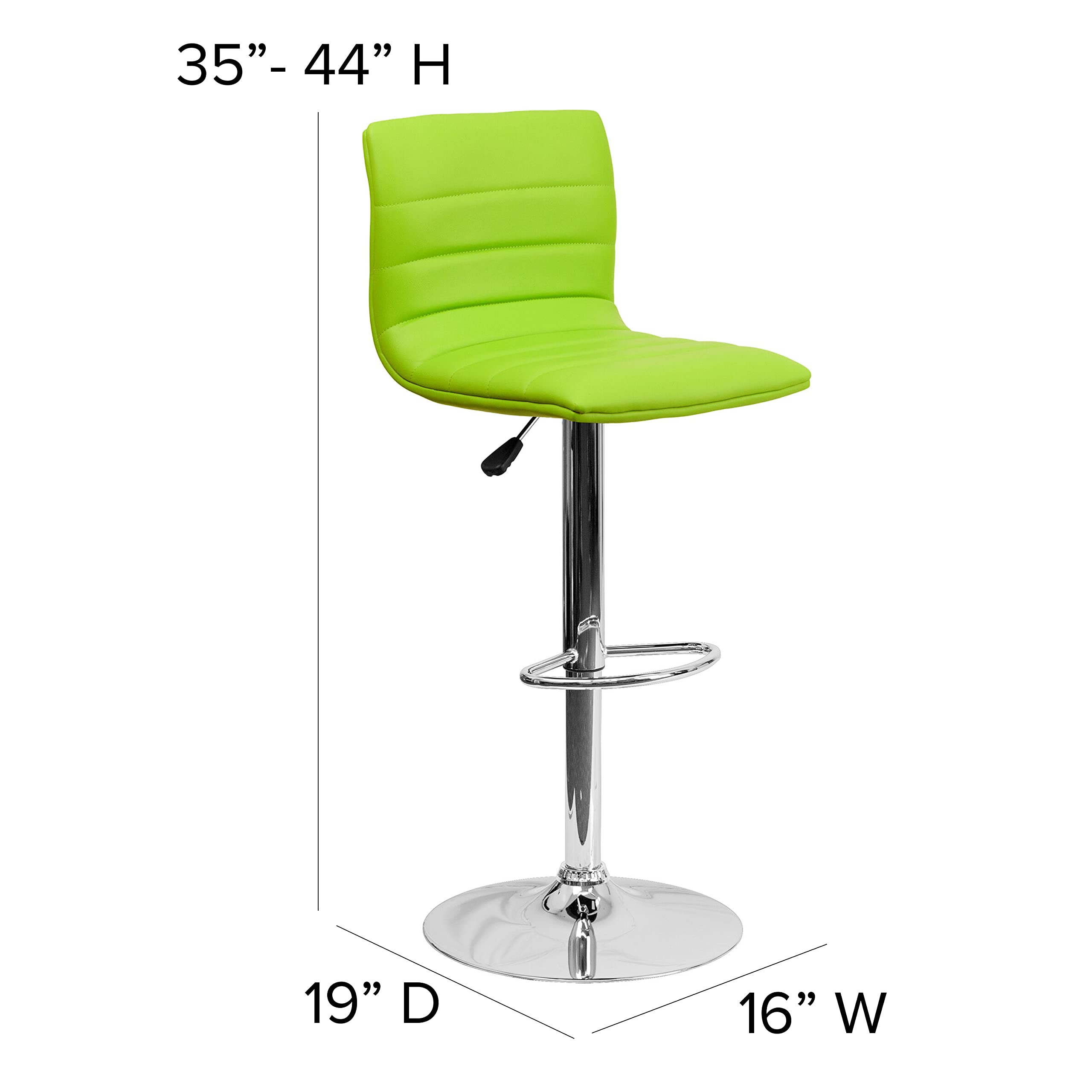 Flash Furniture Vincent Modern Green Vinyl Adjustable Bar Stool with Back, Swivel Stool with Chrome-Pedestal Base and Footrest