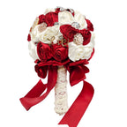 Abbiehome Handmade Bridal Bridesmaids Brooch Bouquet Satin Roses With Crystal Diamond Pearl Decor (Burgundy+Ivory)