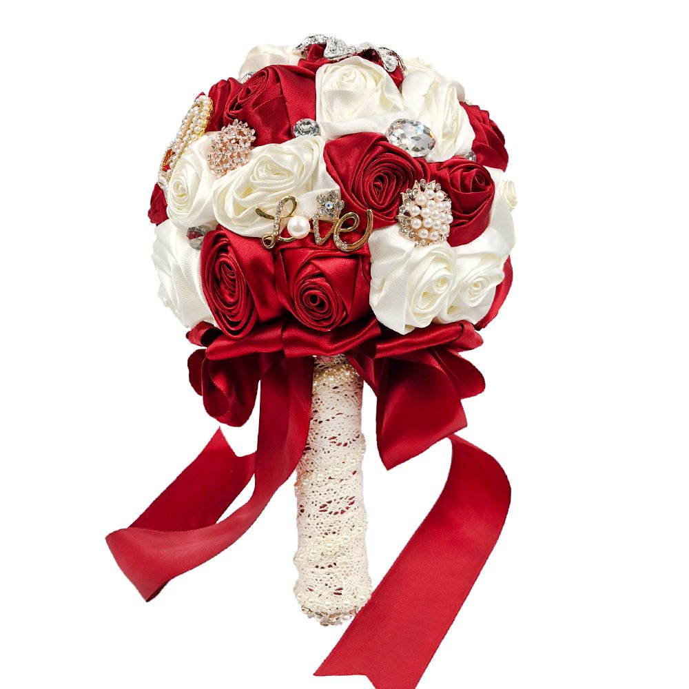 Abbiehome Handmade Bridal Bridesmaids Brooch Bouquet Satin Roses With Crystal Diamond Pearl Decor (Burgundy+Ivory)