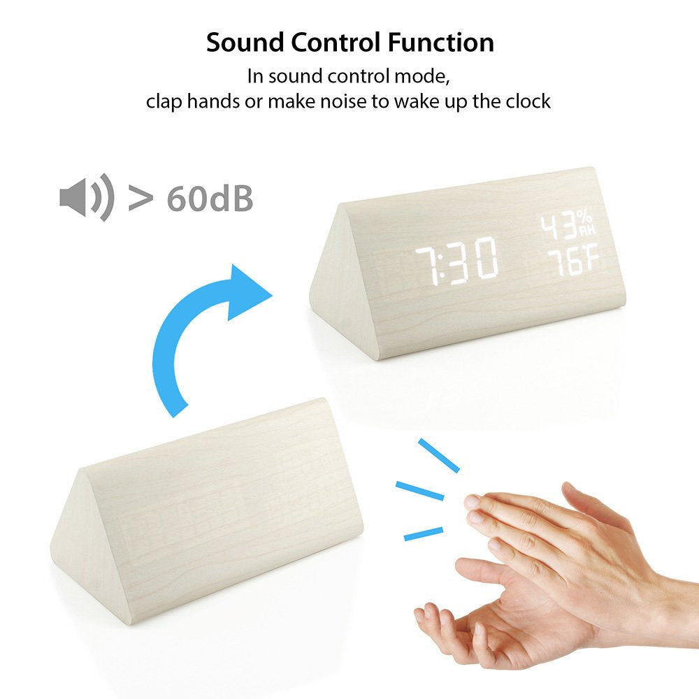 Oct17 Wooden Alarm Clock, Wood Alarm Clock Smart Led Digital Clock For Bedroom/Desks, Upgraded With Time Temperature, Adjustable