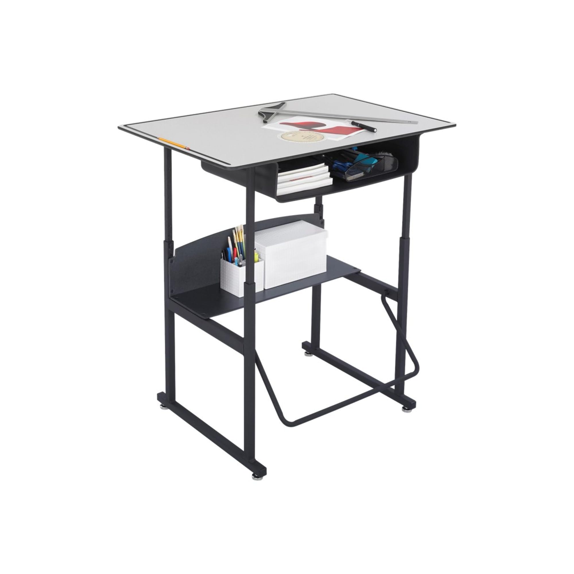 Safco Products AlphaBetter Adjustable-Height Desk, 1209GR, 36" W x 24" D Premium Desktop, Book Box, Swinging Footrest Bar