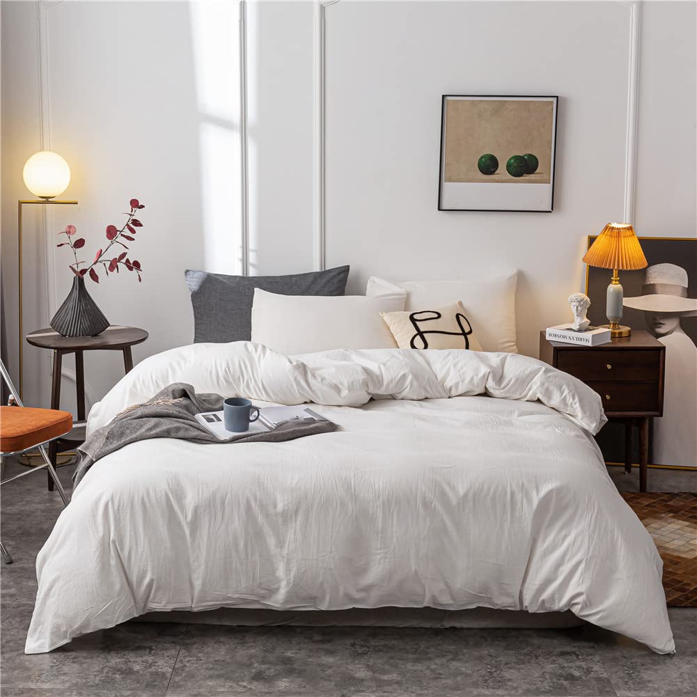 Janlive Washed Cotton Duvet Cover Queen Ultra Soft 100% Cotton Solid Color White Duvet Cover Set With Zipper Closure -3 Pieces W