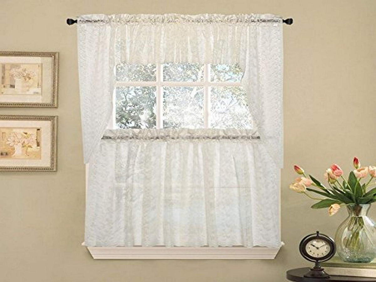 Sweet Home Collection Elegant Priscilla Lace Kitchen Curtains, 24' Tier, Ivory