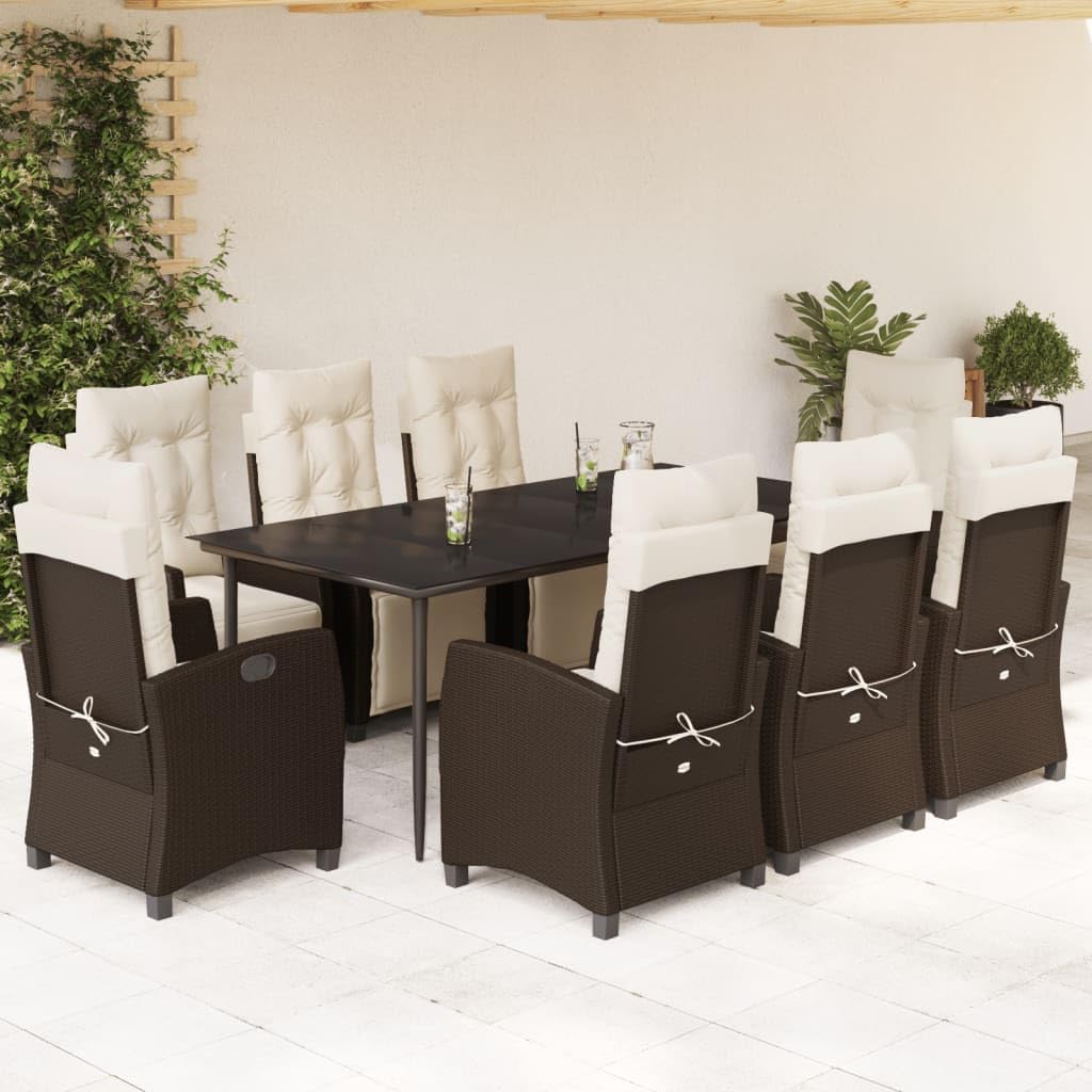 vidaXL 9-Piece Patio Dining Set - PE Rattan, Adjustable Backrest & Footrest, Tempered Glass Tabletop, Cushioned, Brown/Black