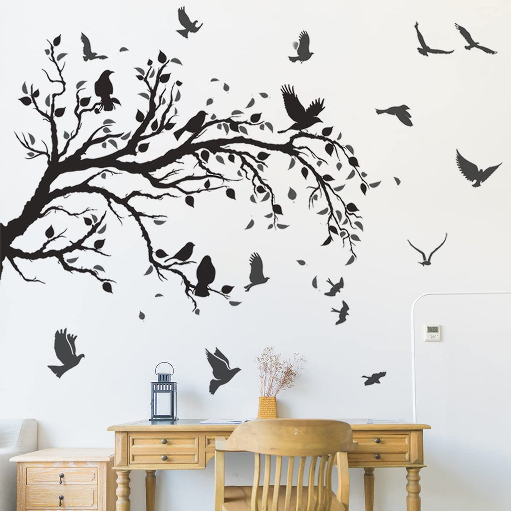 Mefoss Black Tree Branch Wall Stickers Flying Birds Scenery Wall Decal Art Peel And Stick Vinyl Wall Murals Home D  Cor For Livi