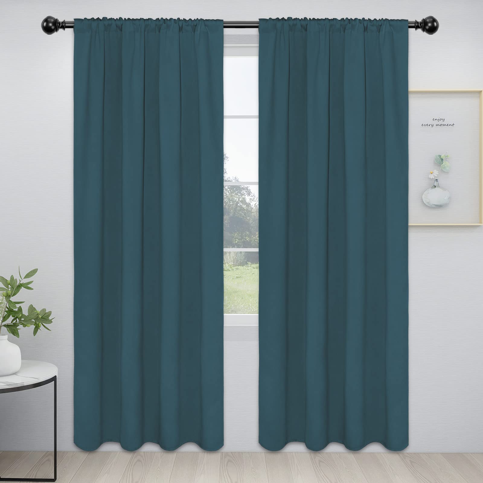 Easy-Going Rod Pocket Blackout Curtains For Bedroom, Room Darkening Window Curtains For Living Room, Thermal Insulated Noise Reduction Solid Window Drapes, 2 Panels(42X84 In, Bluestone)