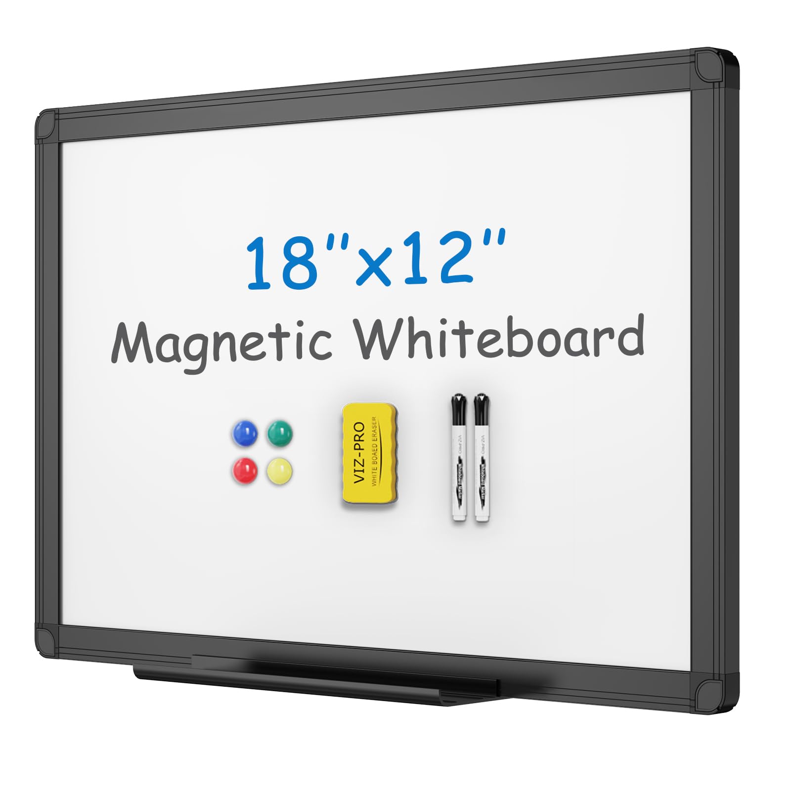 Viz-Pro Magnetic Whiteboard/Dry Erase Board With Black Aluminium Frame, 18 X 12 Inches, Includes 1 Eraser & 2 Markers & 4 Magnet