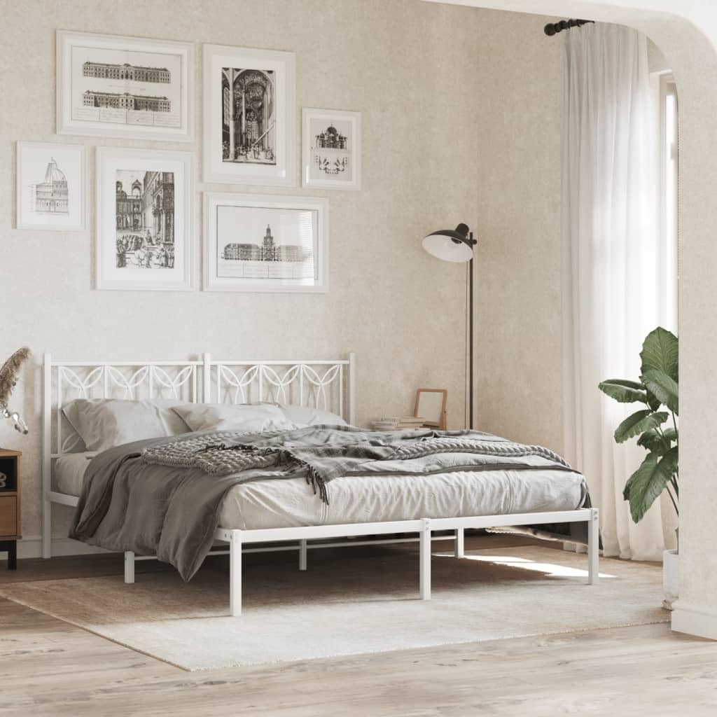 vidaXL Metal Bed Frame with Headboard - White Steel, 59.1x78.7, Sturdy Frame, Extra Storage Space, Enhanced Support, Modern Design