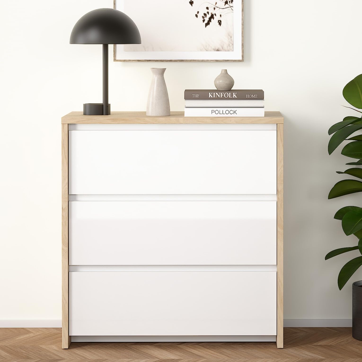 Next 31-inch Wide 3-Drawer Chest, Jackson Hickory/White High Gloss
