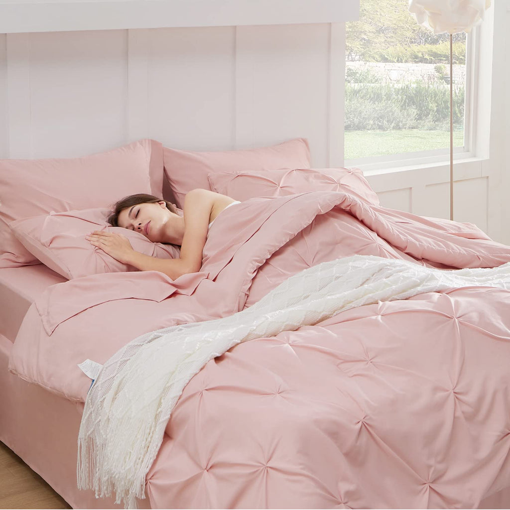 Bedsure California King Comforter Set - Cal King Bed Set 7 Pieces, Pinch Pleat Pink Cali King Bedding Set With Comforter, Sheets