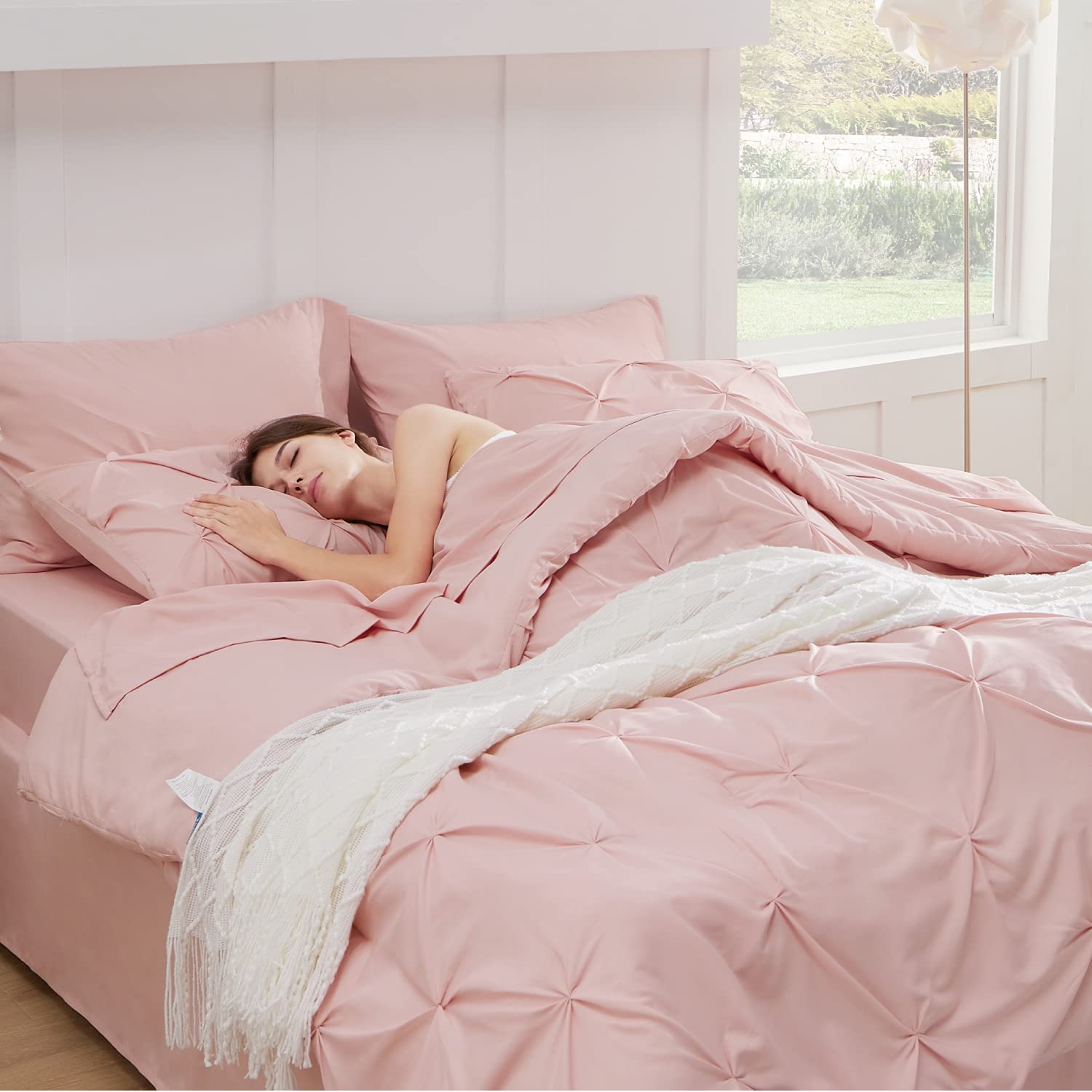 Bedsure California King Comforter Set - Cal King Bed Set 7 Pieces, Pinch Pleat Pink Cali King Bedding Set With Comforter, Sheets