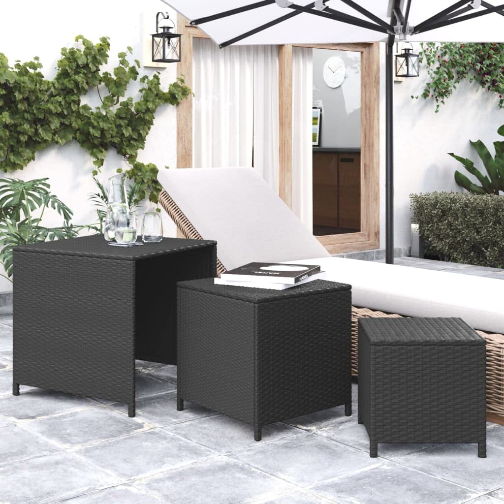 vidaXL 3 pcs Nesting Tables in Black Poly Rattan - Durable and Weather Resistant with Powder-Coated Steel Frame for Indoor and Outdoor Use
