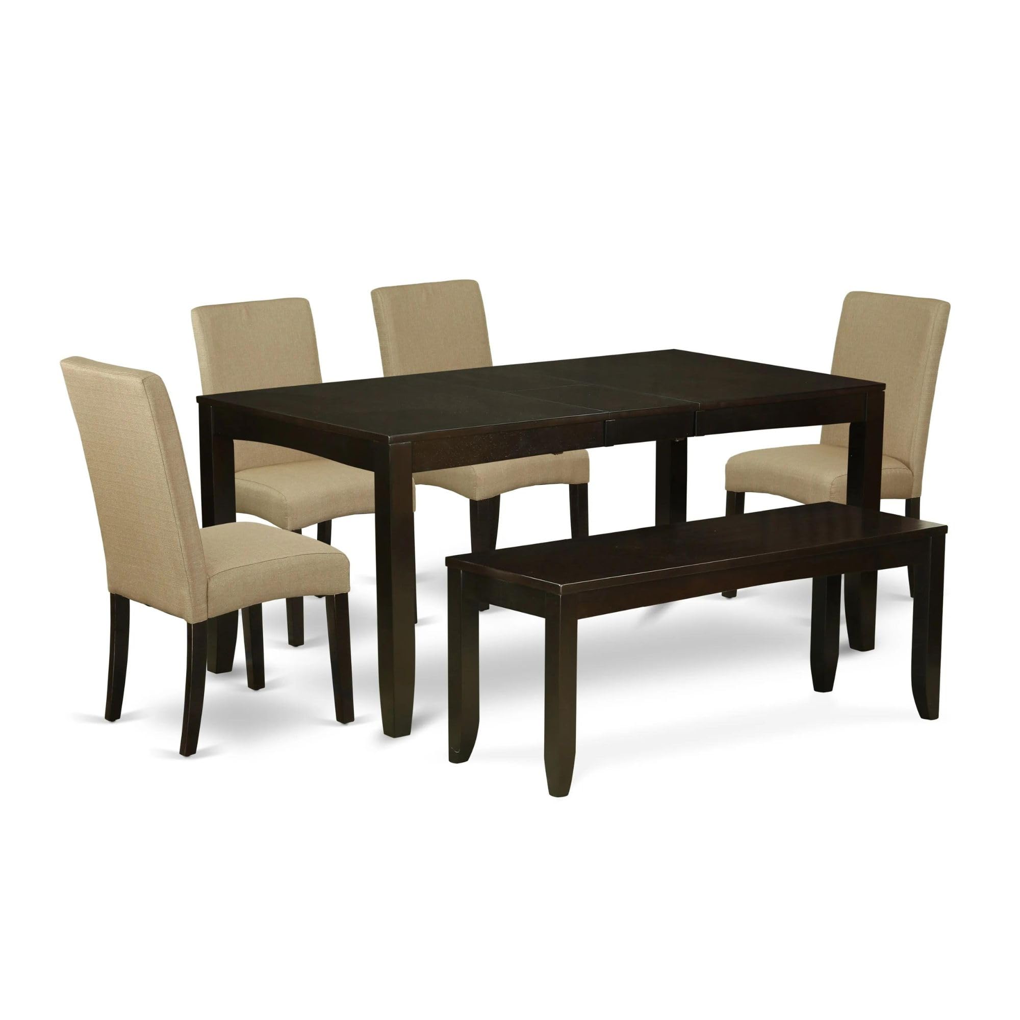 East West Furniture Lydr6-Cap-03 6 Piece Dining Set Contains A Rectangle Dining Room Table With Butterfly Leaf And 4 Brown Linen Fabric Padded Chairs With A Bench, 36X66 Inch, Cappuccino