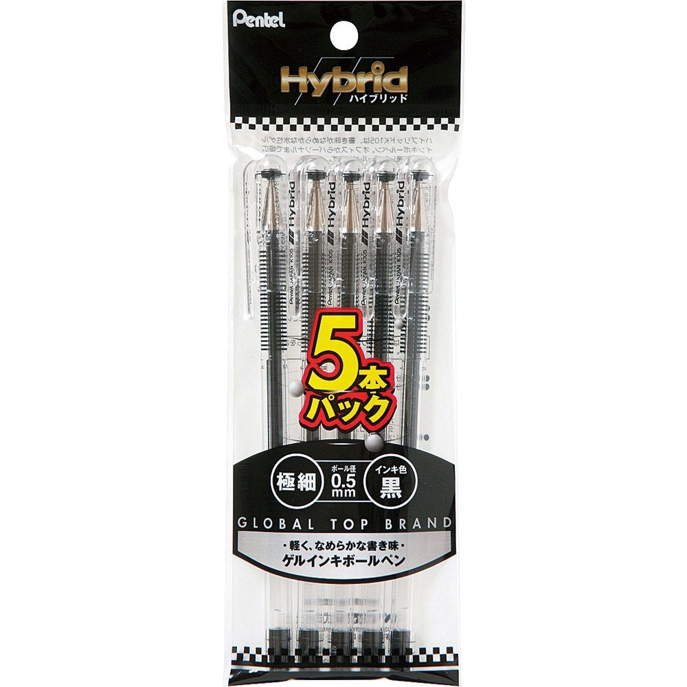Pentel Hybrid Ballpoint Pen, Xk105Ga5, 5 Pack, Black