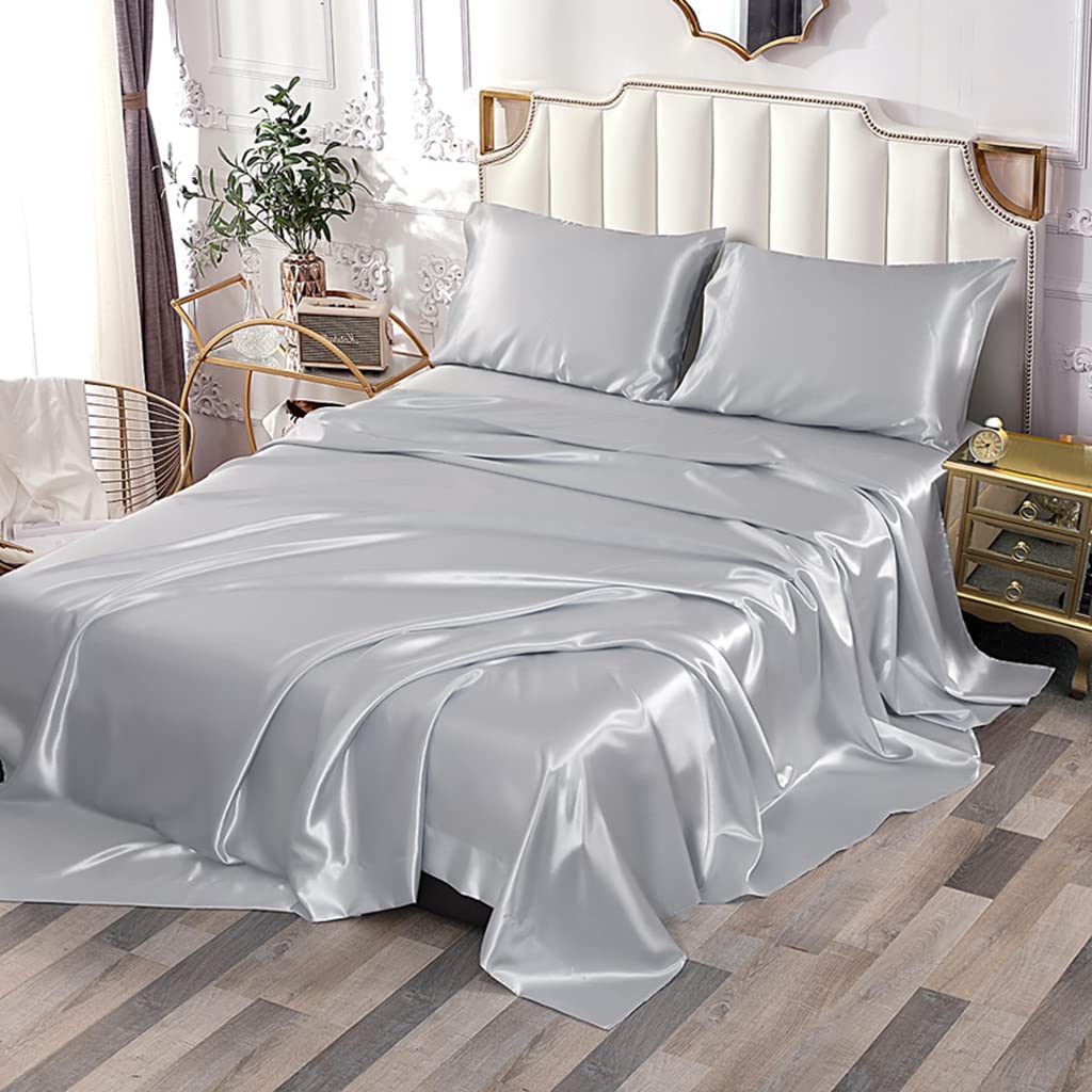 Sfoothome Silver Satin Bed Sheet Set, Satin Sheets Twin Size, Deep Pocket Silky Satin Sheet Set With 1 Fitted Sheet, 1 Flat Shee