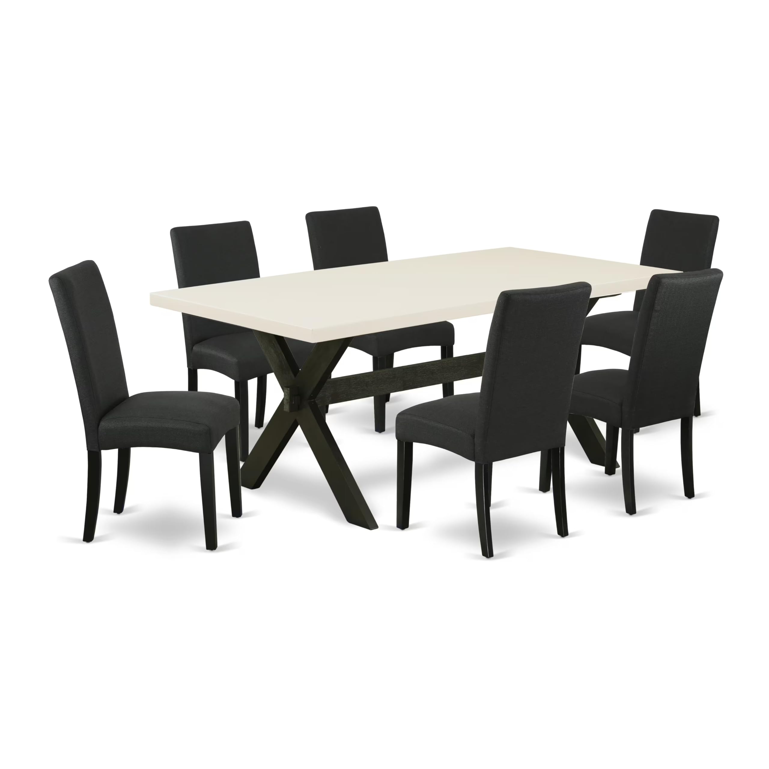East West Furniture X627Dr124-7 7 Piece Dining Room Furniture Set Consist Of A Rectangle Dining Table With X-Legs And 6 Black Color Linen Fabric Upholstered Chairs, 40X72 Inch, Multi-Color