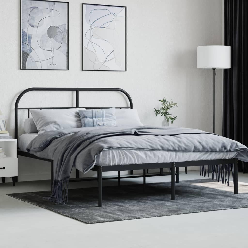 vidaXL Robust Metal Bed Frame with Headboard, Powder-Coated Steel Double Bed with Metal Slats and Maximum Storage Space, Black, Assembly Required