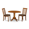 East West Furniture DLML3-SBR-C 3 Piece Dining Set Contains a Round Dining Room Table with Dropleaf and 2 Linen Fabric Upholstered Kitchen Chairs, 42x42 Inch, Saddle Brown