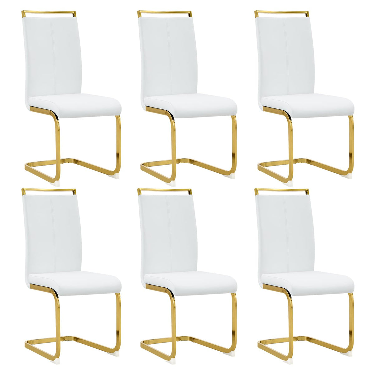 Gopop Modern Dining Chairs Set Of 6,High Back White Kitchen Chairs,Faux Leather Side Chair With Gold Plated Metal Legs,Easy To C