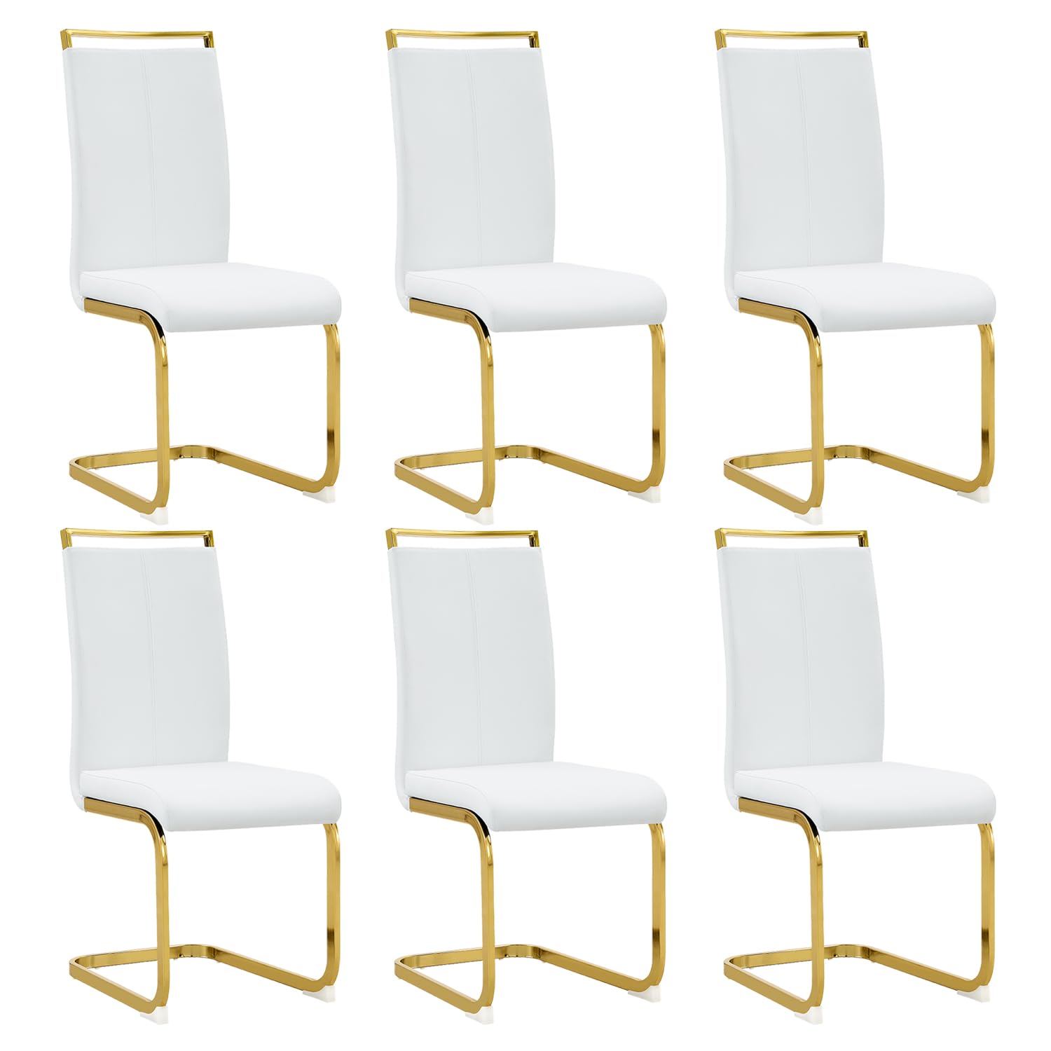 Gopop Modern Dining Chairs Set Of 6,High Back White Kitchen Chairs,Faux Leather Side Chair With Gold Plated Metal Legs,Easy To C