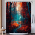 EUBTPA Misty Forest Shower Curtain Horror Teal Orange Fall Maple Forest Fallen Leaf Gothic Halloween Theme Polyester Fabric Bath