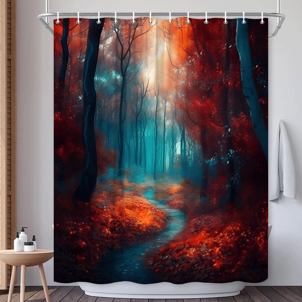 EUBTPA Misty Forest Shower Curtain Horror Teal Orange Fall Maple Forest Fallen Leaf Gothic Halloween Theme Polyester Fabric Bath