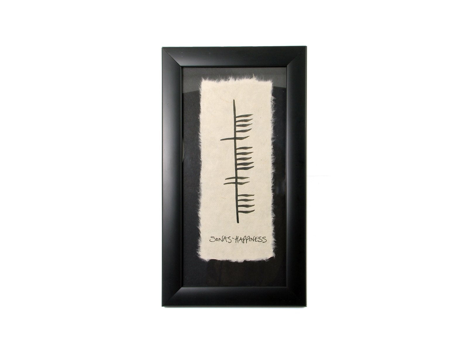 Biddy Murphy Irish Gifts, Sonas, Happiness, Hand Scripted Irish Ogham Wall D  cor, 6    x 11   , Wide Hanging Black Matted Frame
