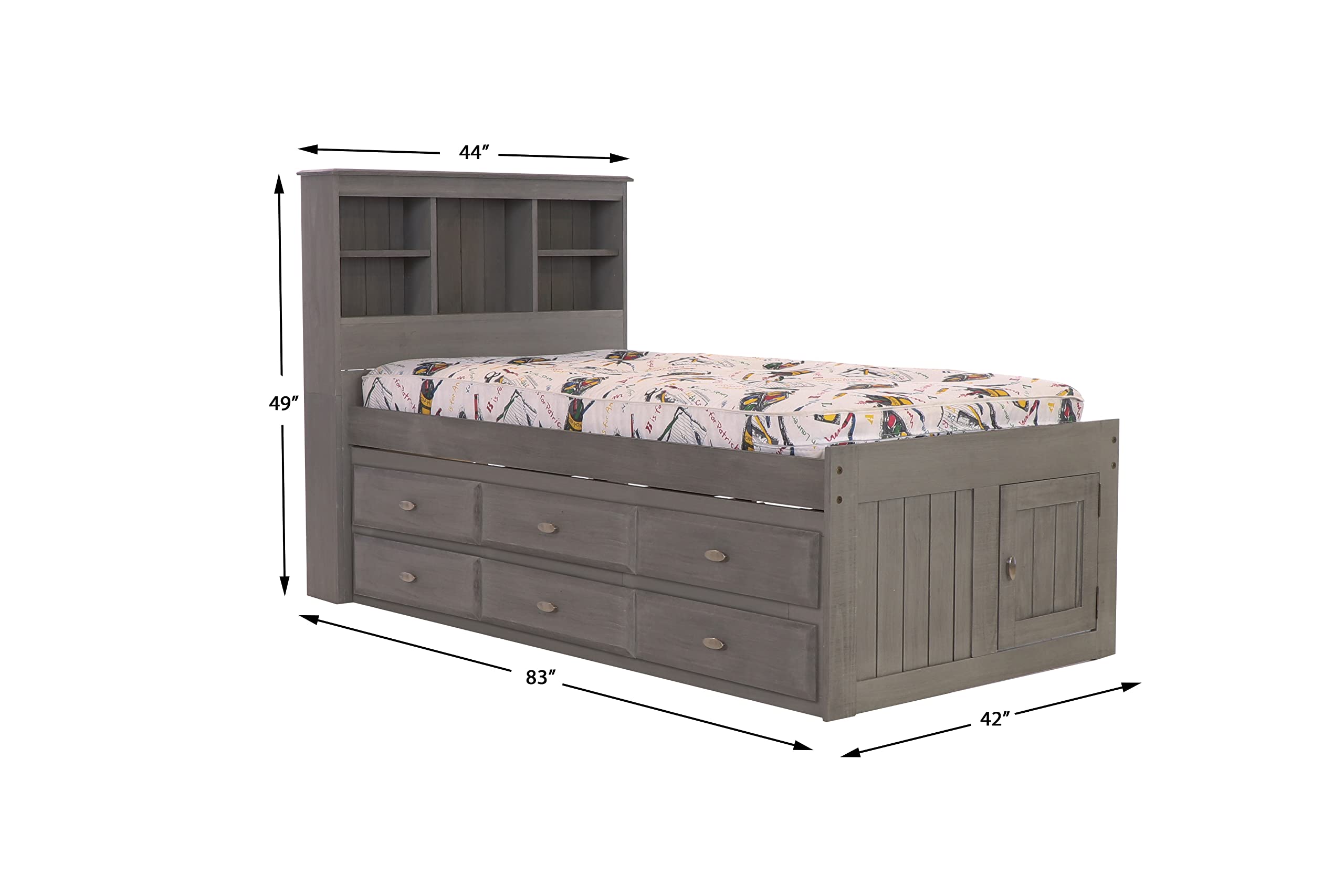 OS Home and Office Furniture Solid Pine Twin Captains Bookcase Bed with 12 underbed Drawers in Charcoal Gray