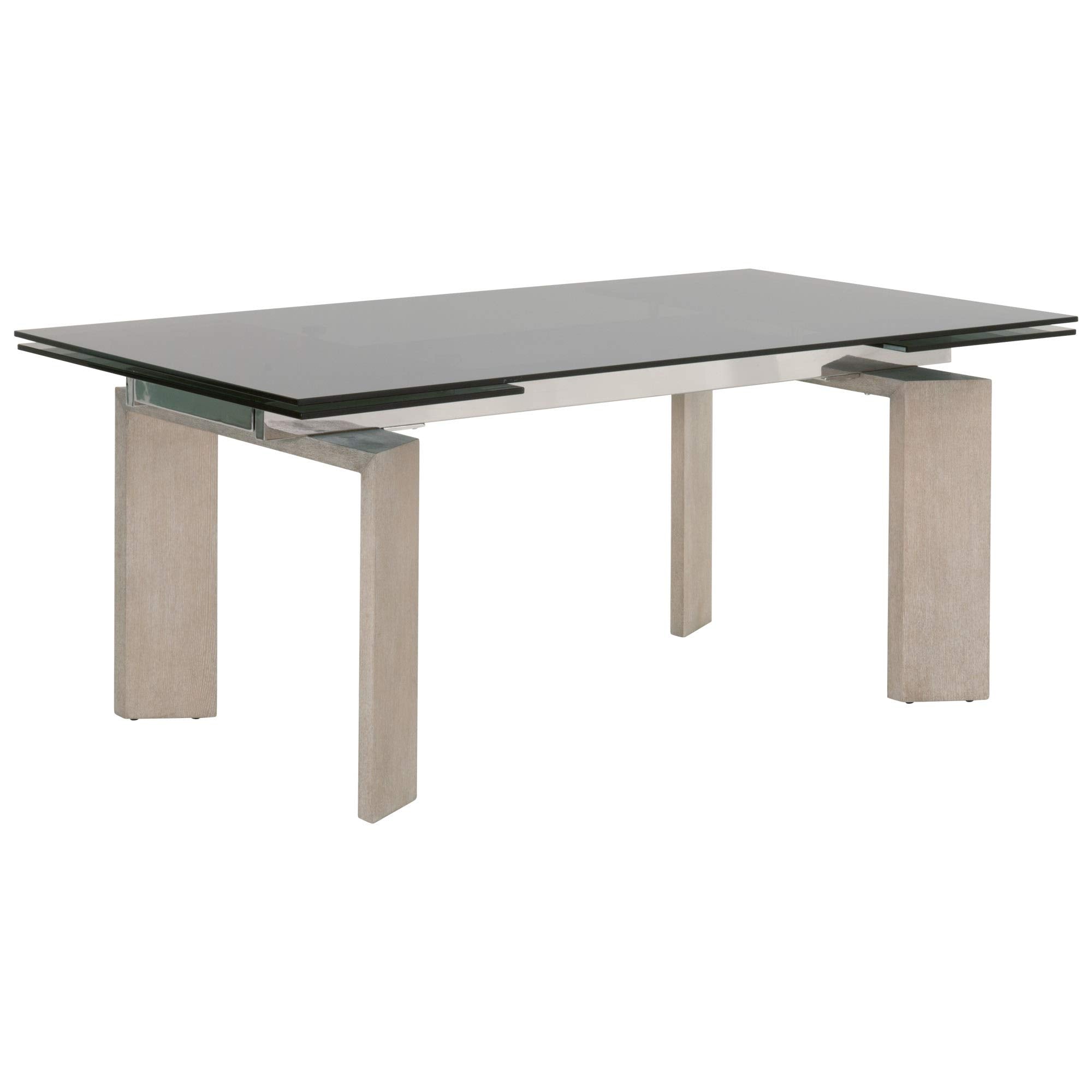 Benjara Tempered Glass Top Extendable Dining Table with Double Pedestal Base, Gray