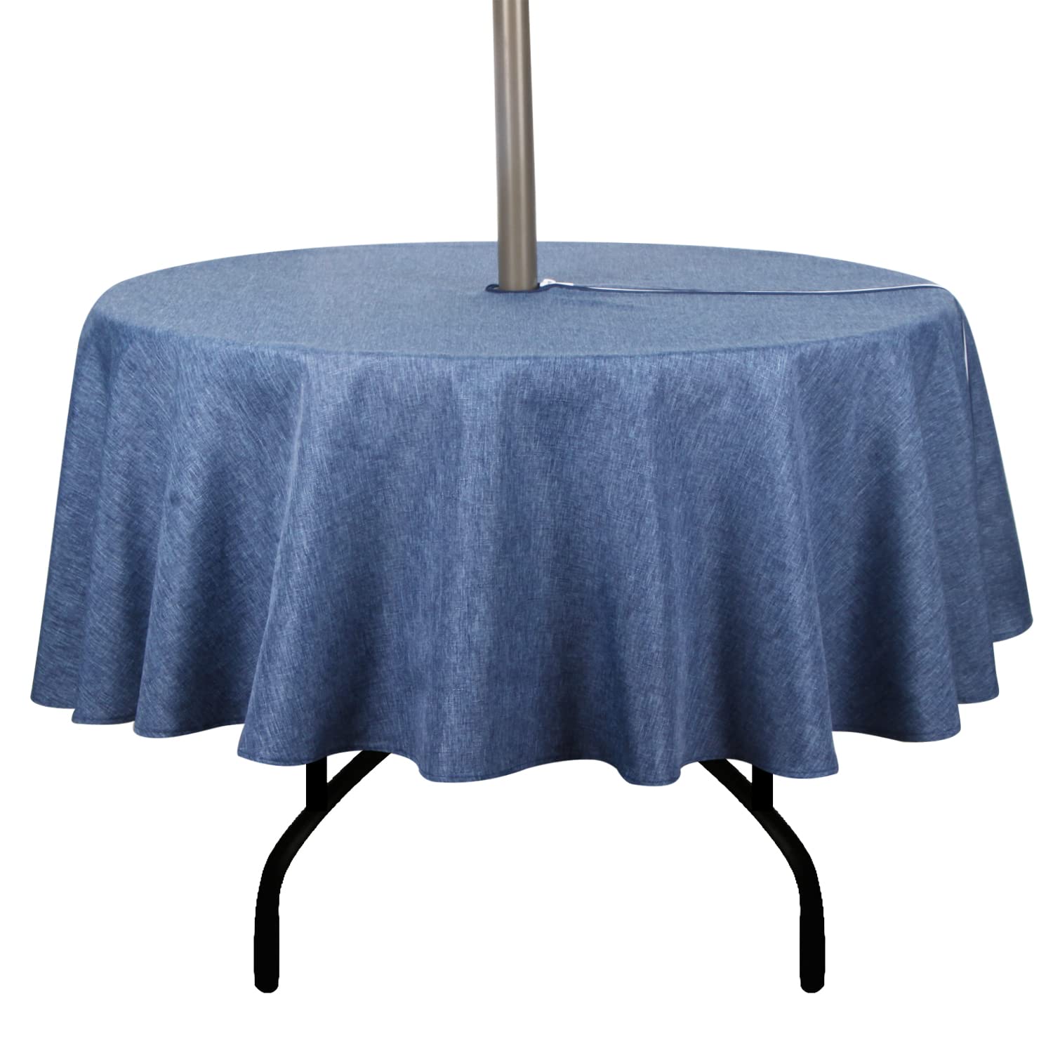 Youngseahome Outdoor Tablecloth Wrinkle-Free Stain Resistant Waterproof Polyester Fabric Table Cover With Zipper Umbrella Hole For Picnic/Party/Dinner/Patio Garden(70Inch Round,Zippered,Denim Blue)