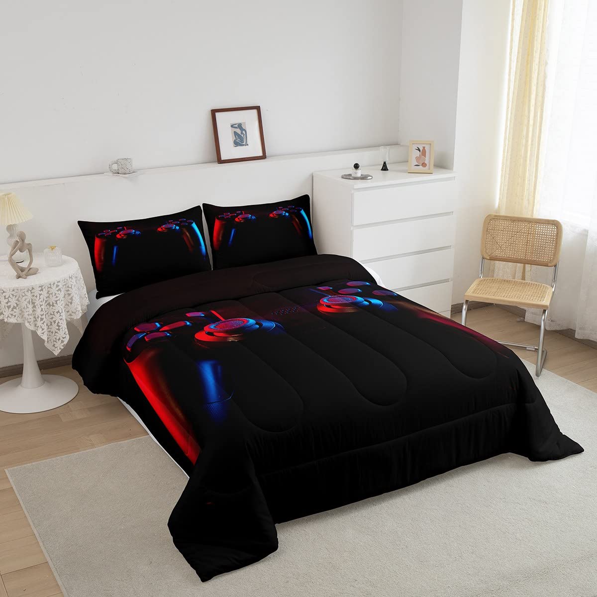 Gamer Comforter Set For Boys Girls Man Gaming Bedding Set,Black Gamepad Home Decor Player Video Game Duvet Insert Teens Kids 2 P